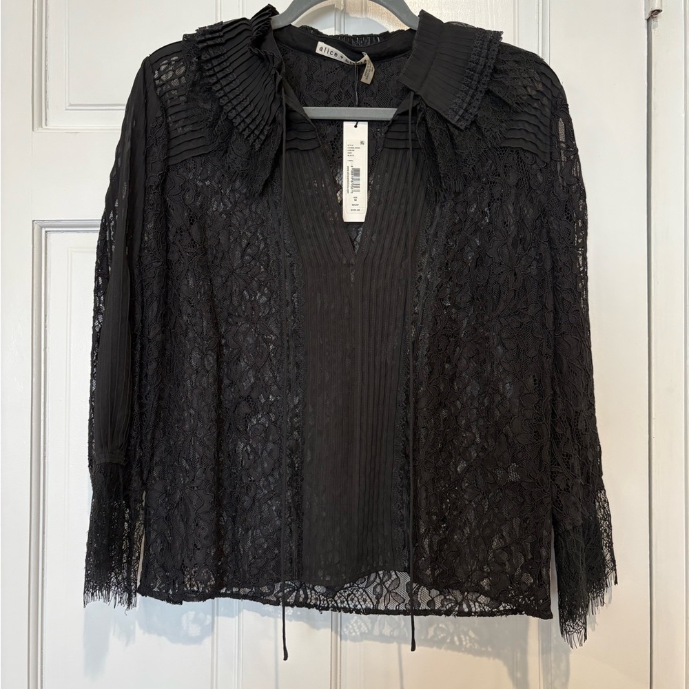 NWT Alice +Olivia black lace pleated long sleeve self tie blouse size M